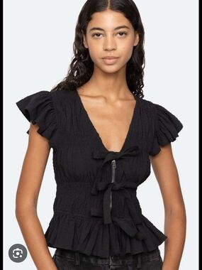 Ruffled Tie-Front V-Neck Blouse in Black